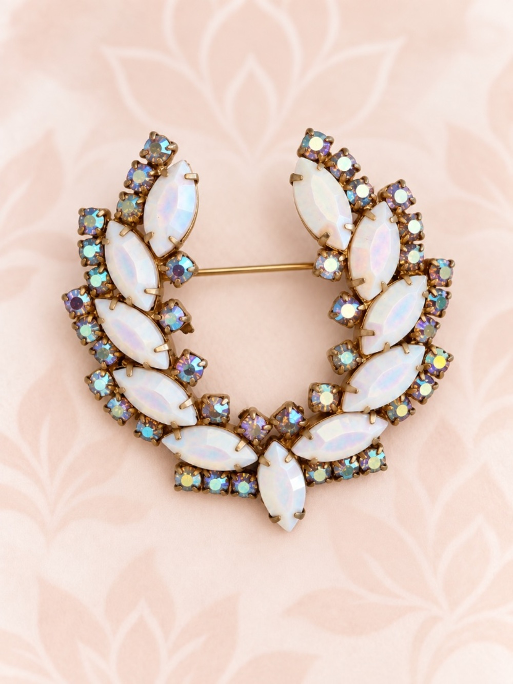 Vintage 1950s–1960s Gold Tone Opalescent Rhinestone Brooch Pin, 2 Inch